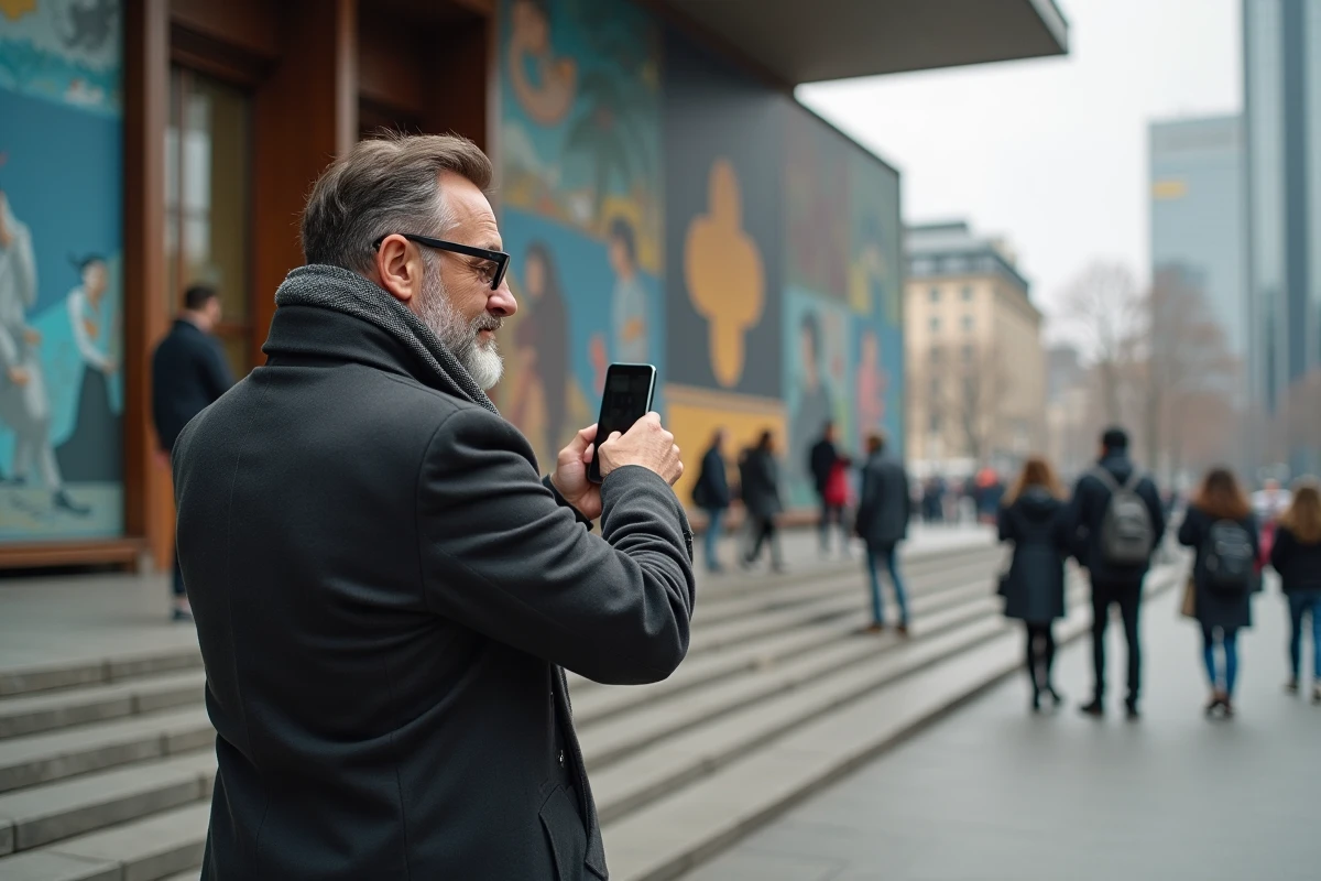 Homme avec smartphone photographiant une fresque urbaine