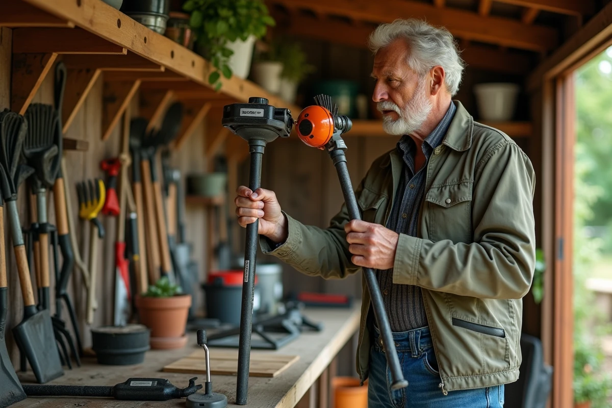Homme senior comparant deux débroussailleuses dans un abri de jardin