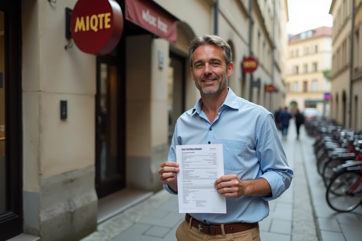 Voyageur tenant une confirmation de réservation devant la façade d'un hôtel abordable en ville européenne