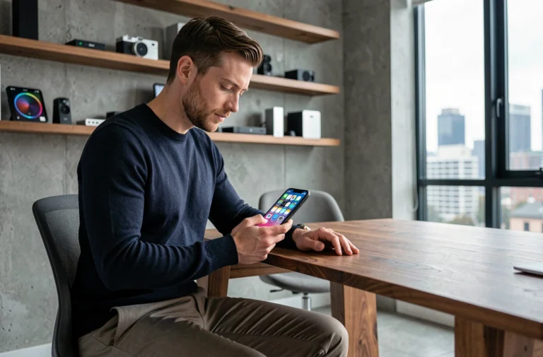 Homme dans la trentaine utilisant un smartphone pliable dernier cri dans un bureau minimaliste moderne