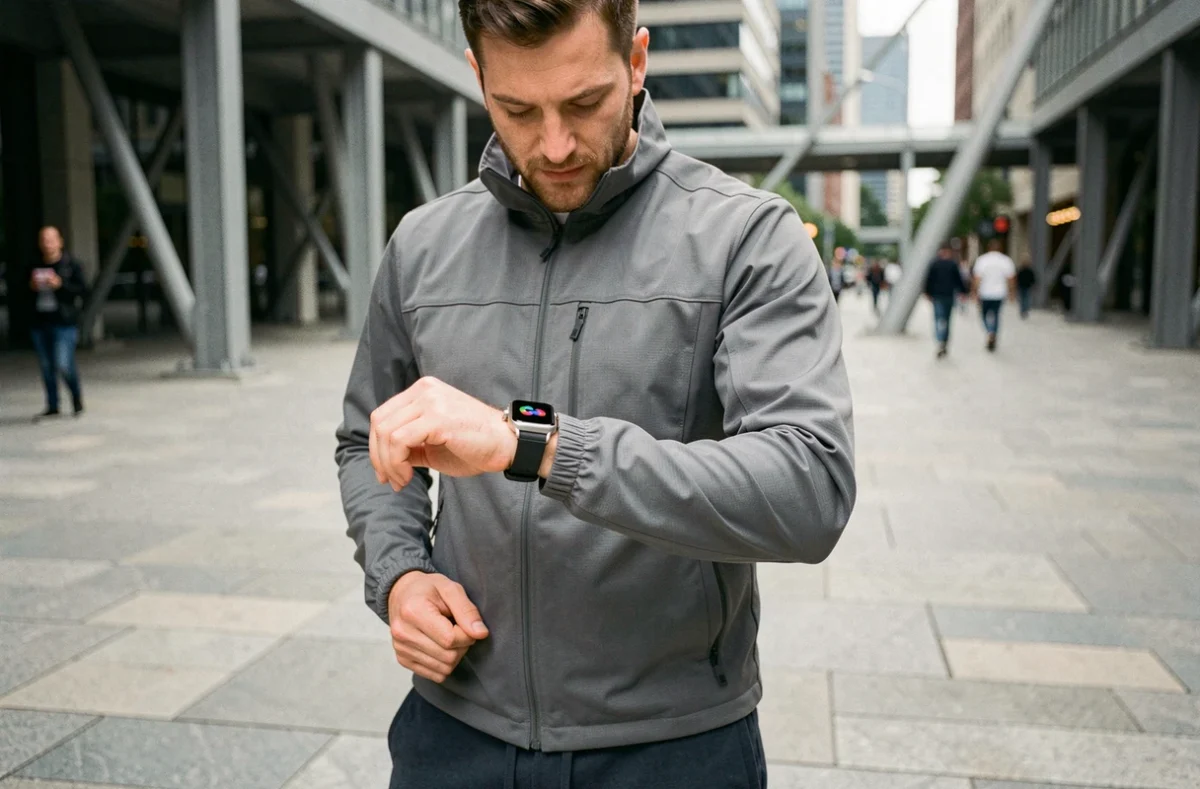 Homme urbain consultant une smartwatch haut de gamme en plein air dans un cadre architectural moderne