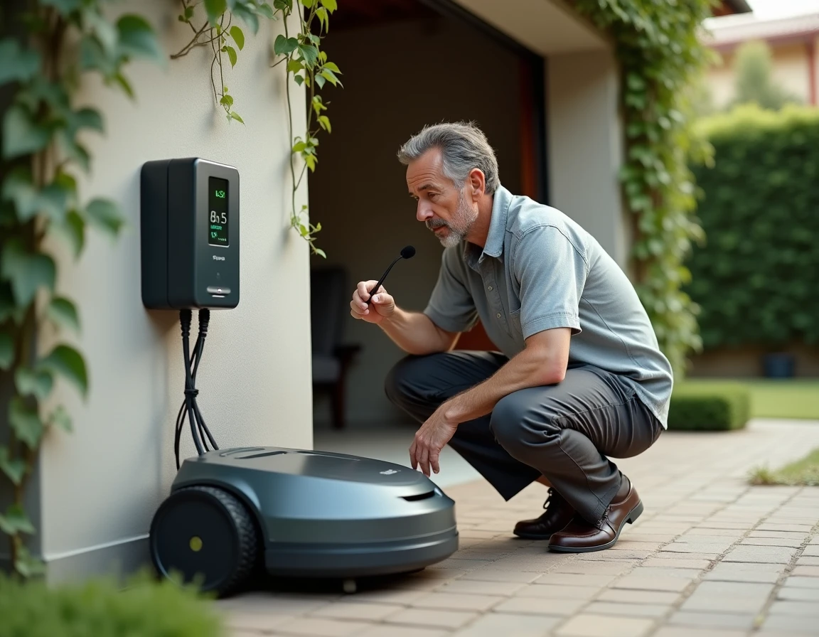 Homme vérifiant la station de charge d'un robot tondeuse avec un moniteur de consommation électrique fixé au mur du garage