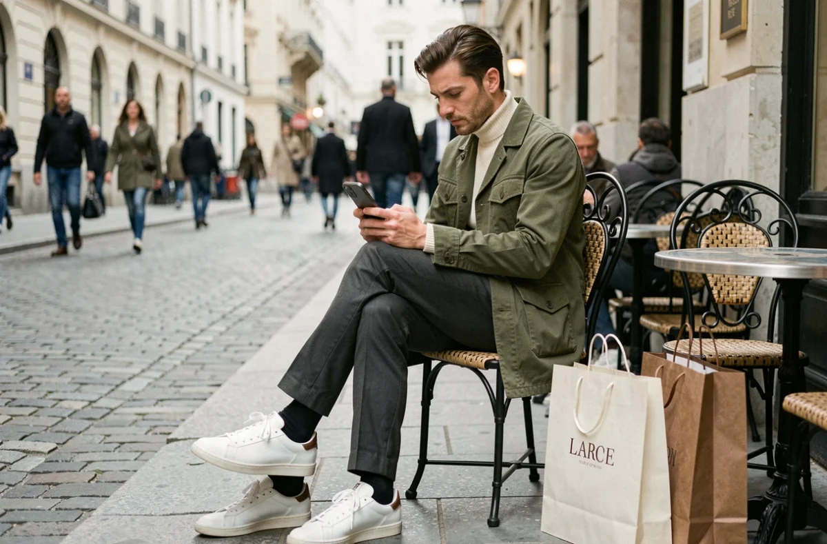 Homme tendance assis en terrasse de café avec des sacs shopping, style vestimentaire urbain et contemporain