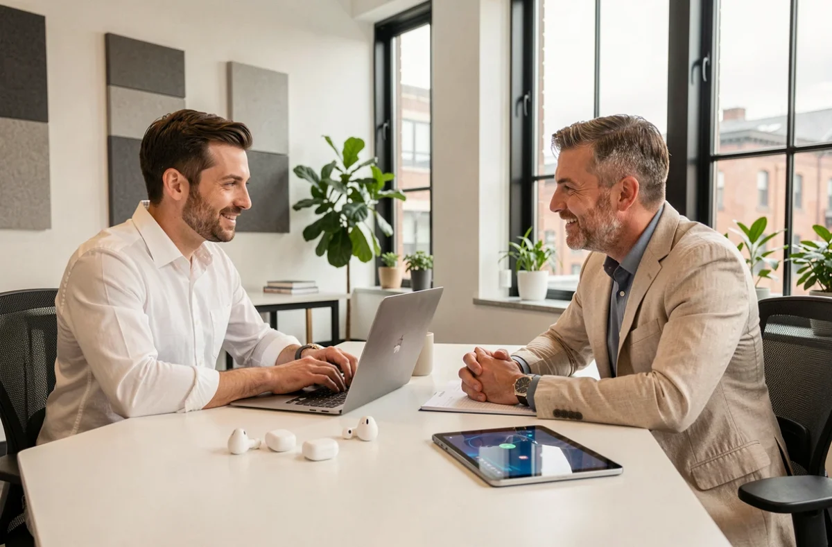 Deux hommes professionnels découvrant les dernières innovations tech dans un espace de coworking contemporain