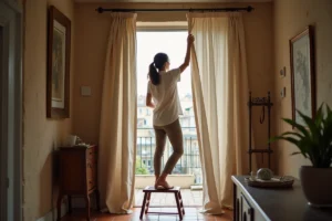 Femme installant un rideau épais sur la porte d'entrée d'un appartement parisien en remplacement d'une porte