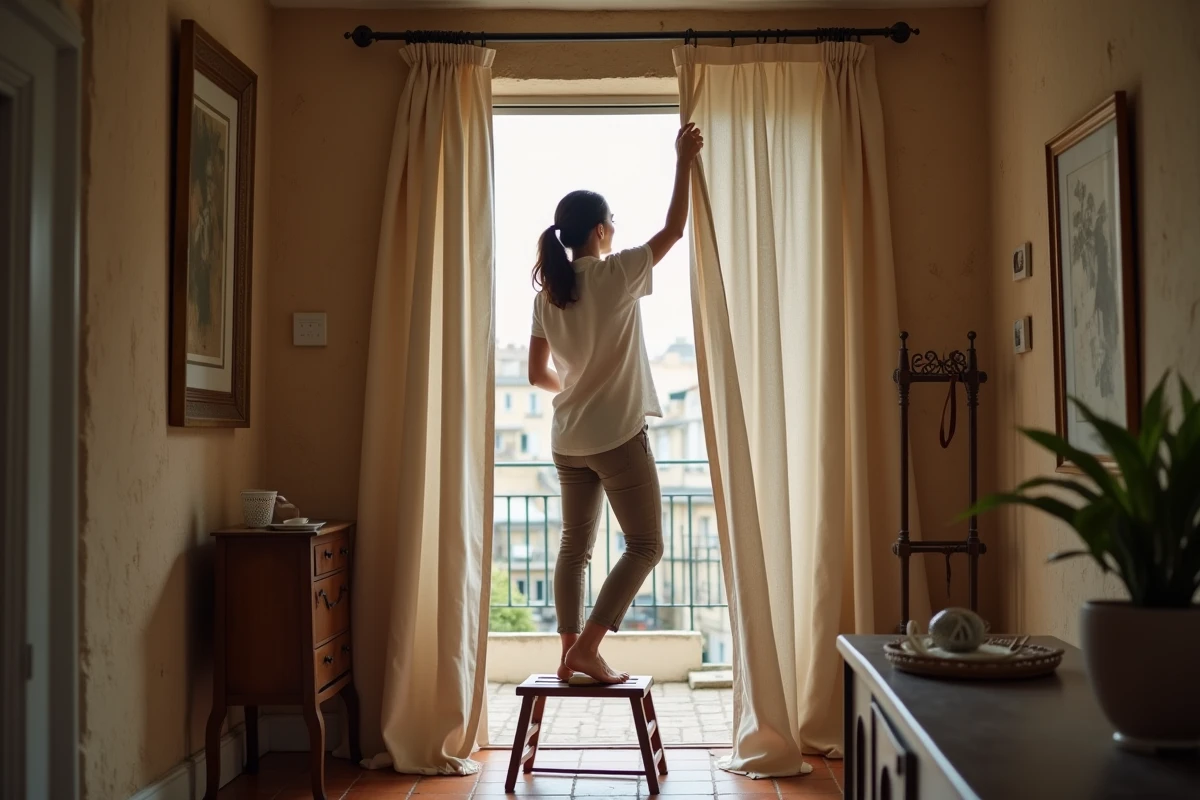 Femme installant un rideau épais sur la porte d'entrée d'un appartement parisien en remplacement d'une porte