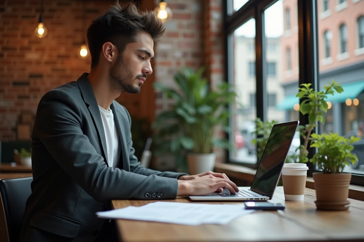 Jeune entrepreneur travaillant dans un café urbain