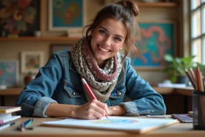Jeune femme en studio créatif dessinant dans un journal d'art