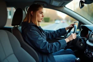 Jeune femme dans sa voiture regardant le tableau de bord