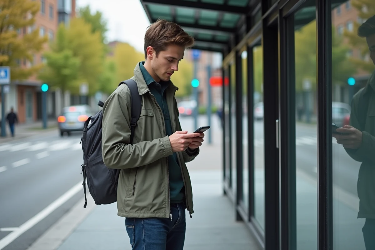 Jeune homme regardant son smartphone à un arrêt de bus en ville