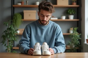 Jeune homme examine des sneakers en édition limitée à la maison