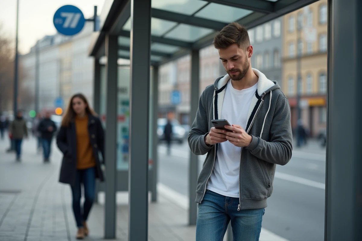 Jeune homme utilisant smartphone pour ticket dans la ville