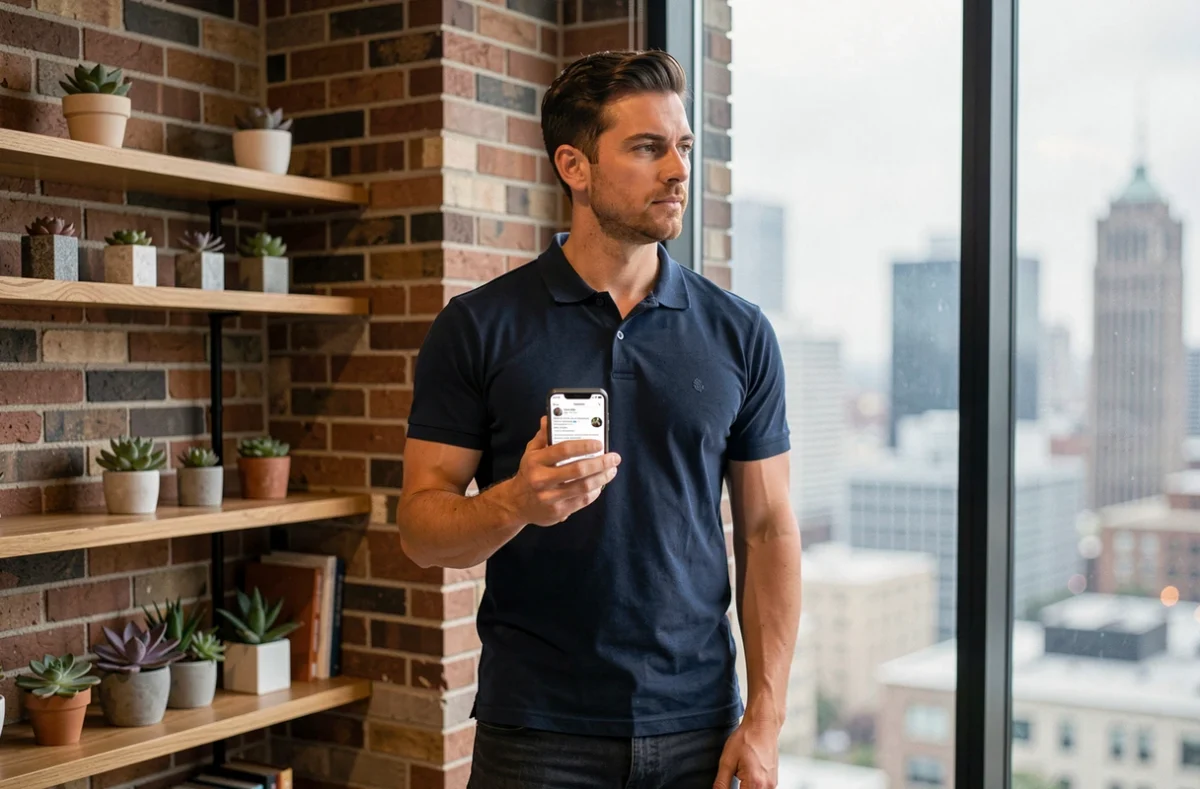 Jeune professionnel consultant sa présence en ligne sur smartphone dans un espace de coworking urbain