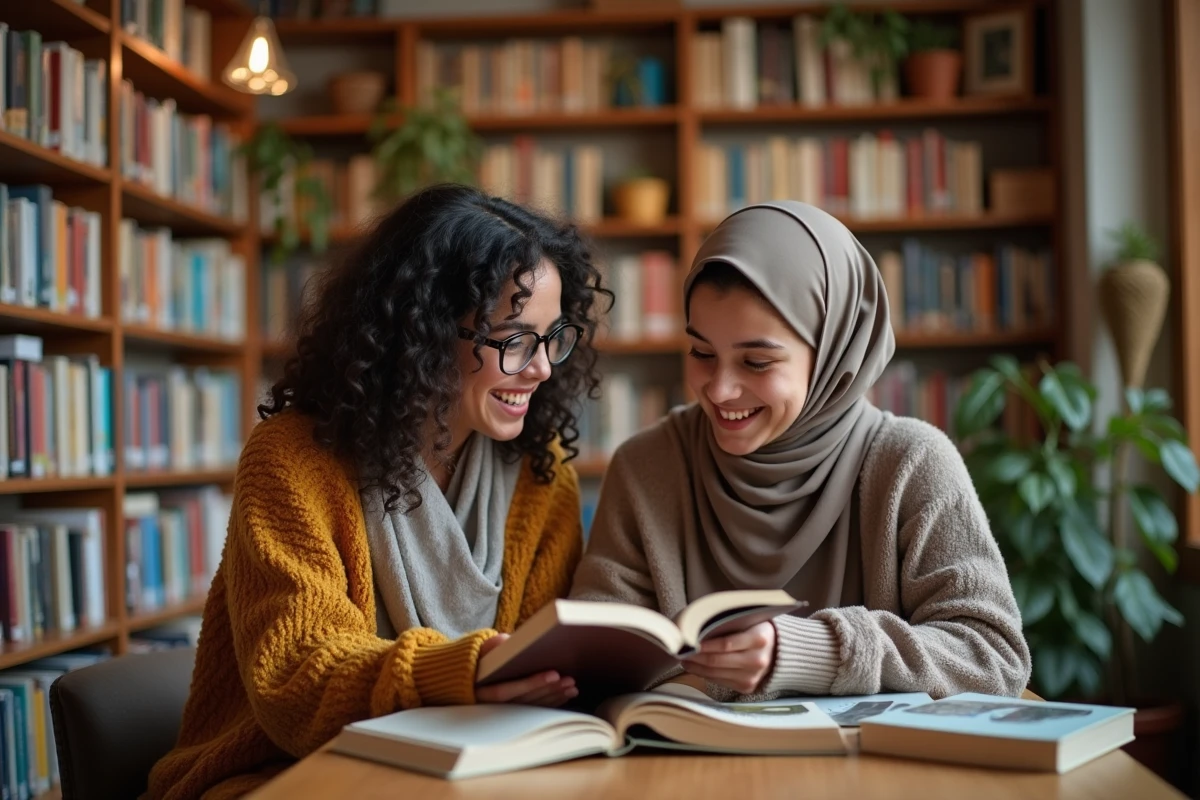 Deux adolescentes rient en parcourant des livres en bibliothèque