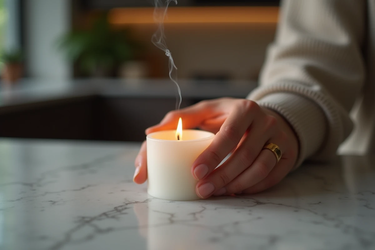 Main d’un jeune adulte soufflant sur une bougie éteinte sur un comptoir moderne