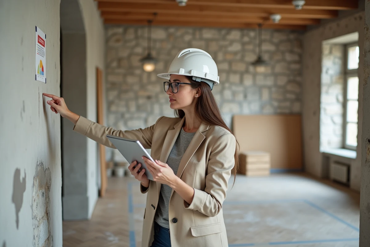 Maître d'œuvre féminine supervisant les travaux de rénovation d'un salon avec tablette numérique et plans de suivi de chantier