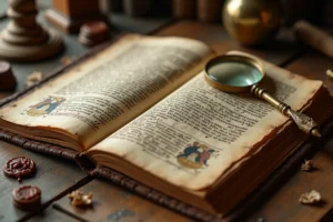 Manuscrit médiéval ouvert sur un bureau en bois avec des inscriptions latines et des illustrations allégoriques évoquant l'histoire du féminin de diable