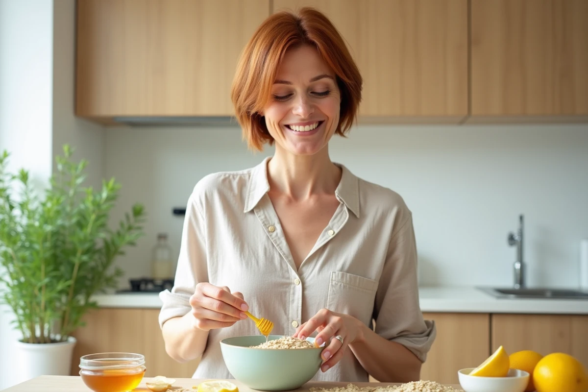 Femme préparant un masque visage maison avec des ingrédients naturels dans une cuisine lumineuse, astuce beauté naturelle