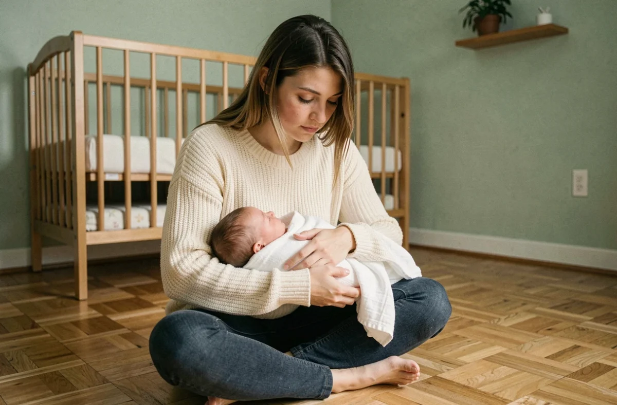 Jeune mère tenant tendrement son nouveau-né dans une chambre de bébé apaisante aux murs vert sauge