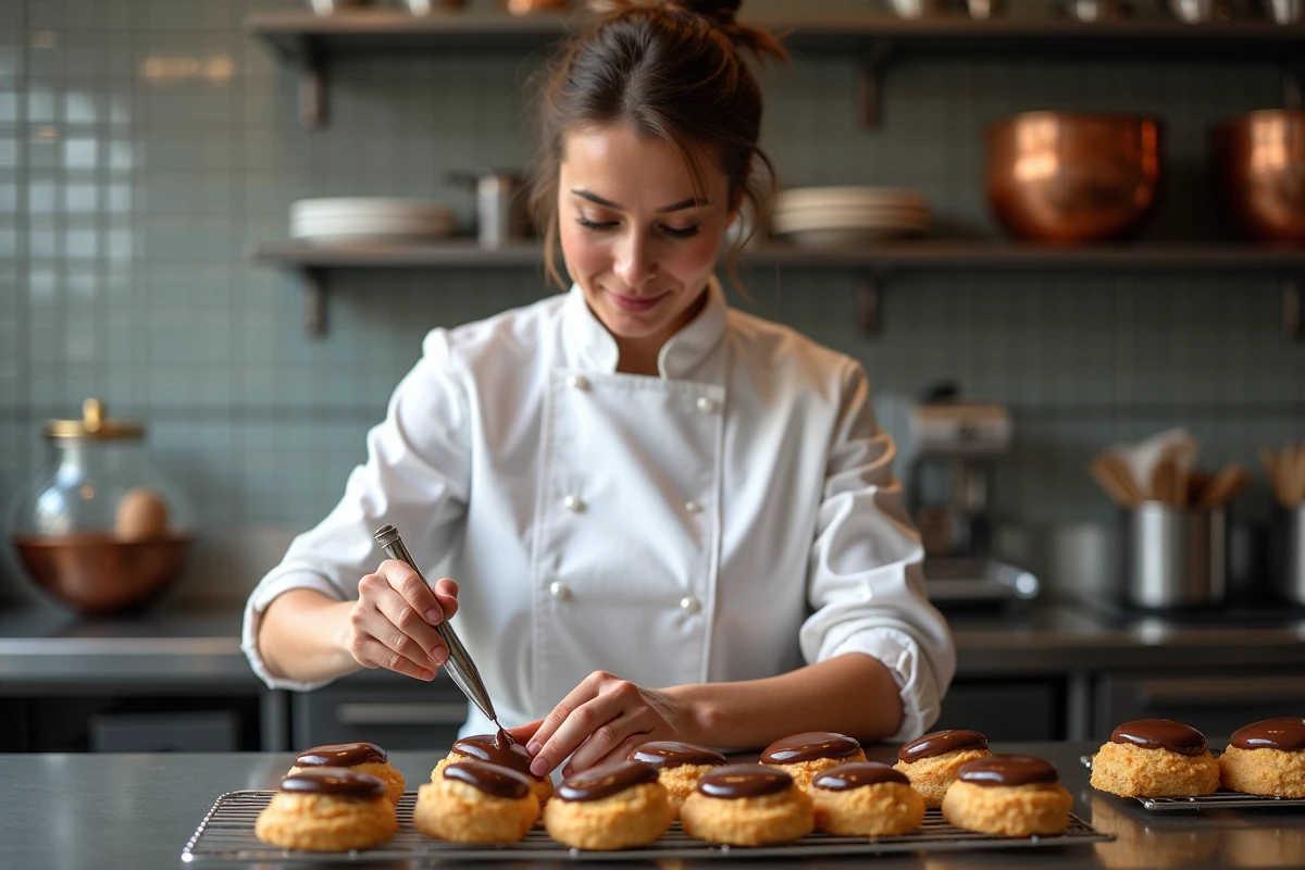 Cheffe pâtissière assemblant une religieuse au chocolat dans une cuisine professionnelle, avec d'autres religieuses alignées en arrière-plan