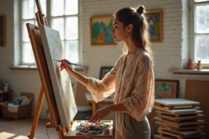 Femme peignant dans un atelier lumineux et chaleureux
