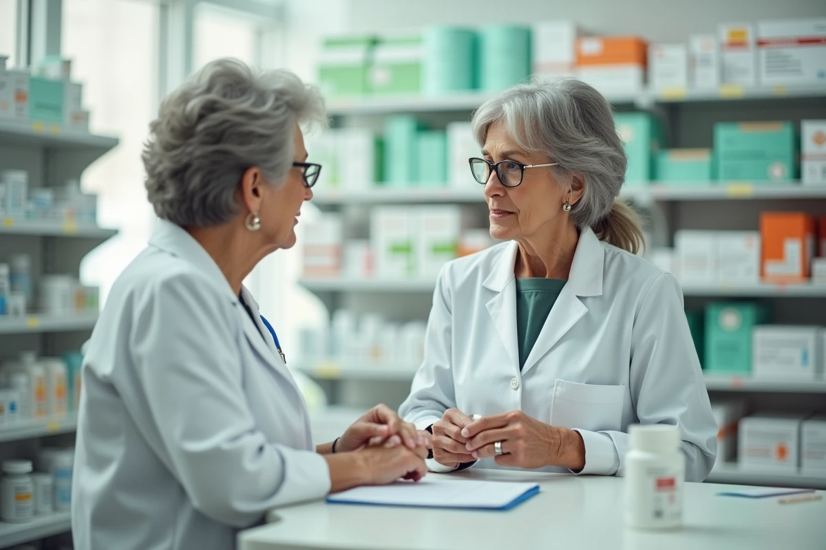 Pharmacienne expliquant les effets secondaires d'un complément alimentaire à une personne âgée