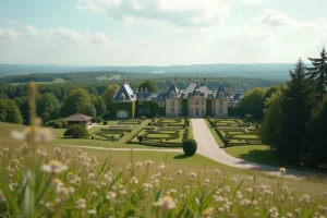 Vue panoramique d'un vaste domaine privé français avec château en pierre, jardins formels et forêts s'étendant à perte de vue