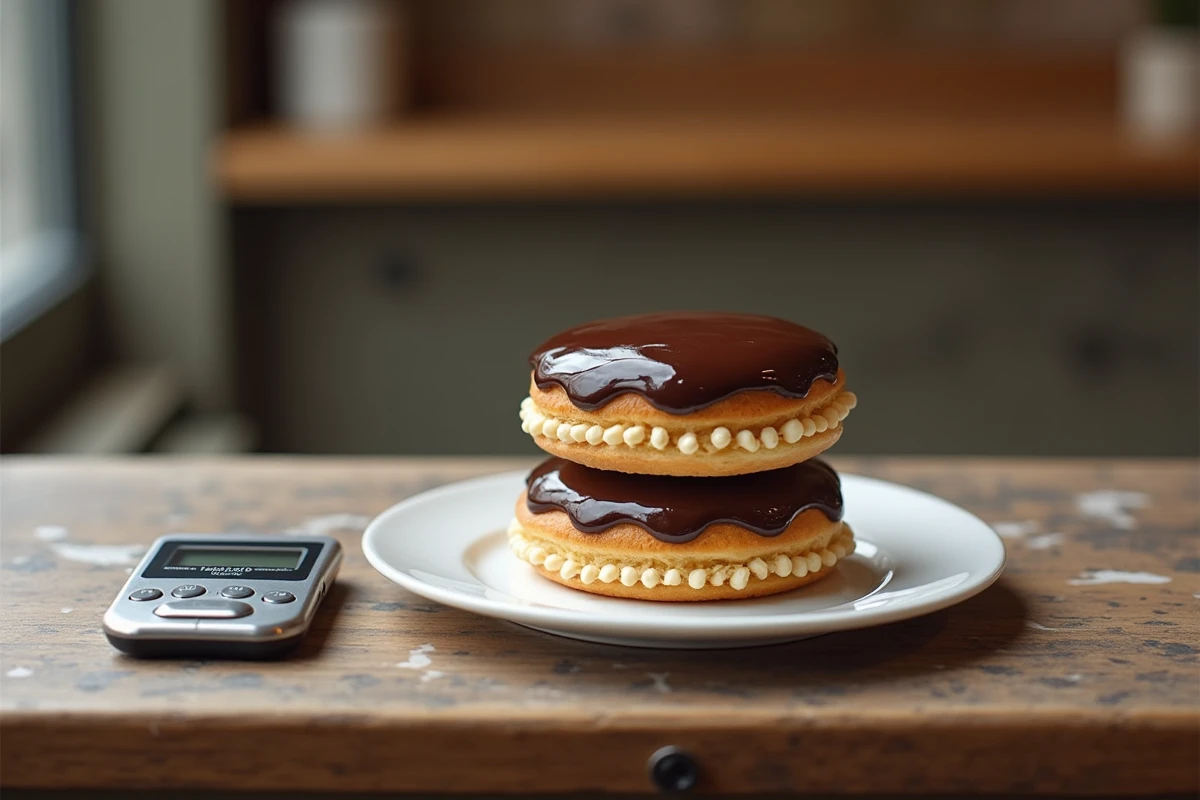 Religieuse au chocolat posée sur une balance de cuisine indiquant son poids, vue de trois quarts sur un comptoir en bois rustique