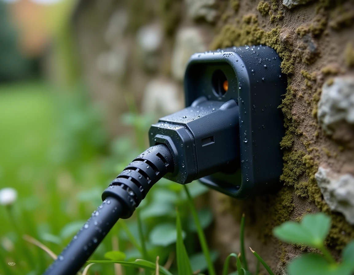 Gros plan sur la prise de charge intelligente d'un robot tondeuse connectée à une prise extérieure, pour mesurer et réduire la consommation électrique