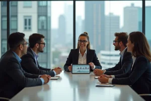 Groupe de professionnels en réunion dans un bureau moderne