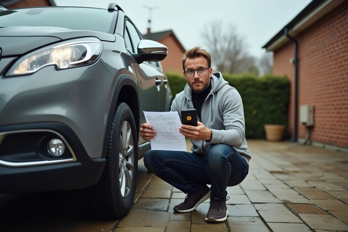 Propriétaire de Peugeot 2008 consultant un rapport de diagnostic et une application de réparation sur smartphone