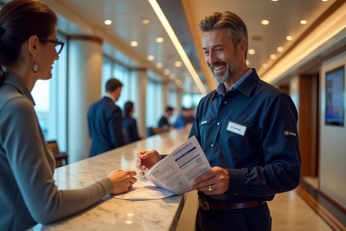 Employé de croisière remettant un guide des chaînes TV payantes à un passager à la réception