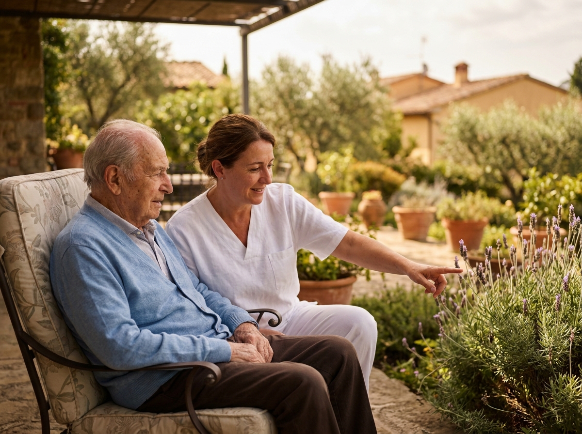 Résident âgé et soignante sur la terrasse ensoleillée d'une maison de retraite avec vue sur les jardins méditerranéens de Cagnes-sur-Mer