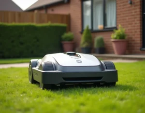 Robot tondeuse autonome en action sur une pelouse verte d'un jardin pavillonnaire, illustrant la consommation électrique au quotidien