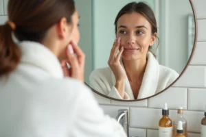 Jeune femme appliquant un sérum visage devant un miroir dans une salle de bain moderne, routine beauté quotidienne