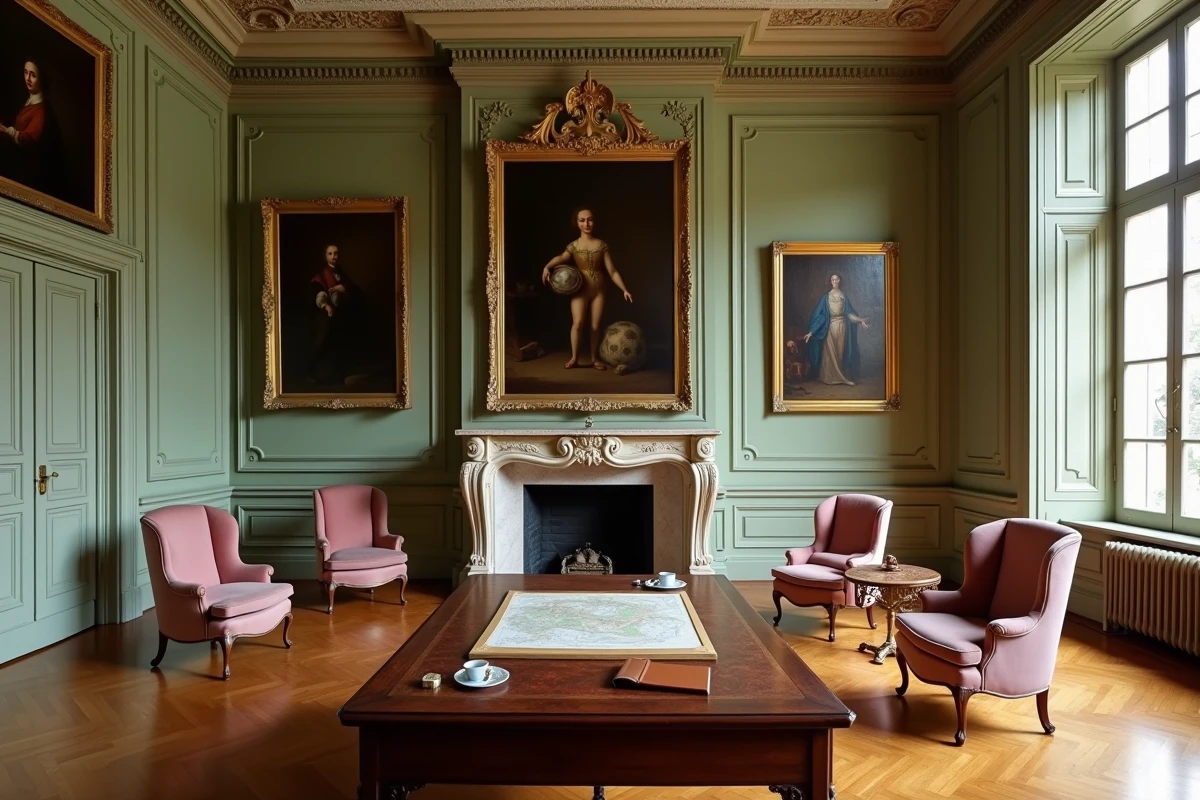 Salon intérieur d'un château privé français avec boiseries, parquet ancien, portraits de famille et cartes du domaine sur une table en acajou