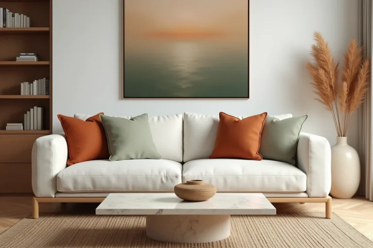 Salon moderne élégant avec canapé en lin crème, table basse en travertin et détails végétaux en décoration intérieure tendance