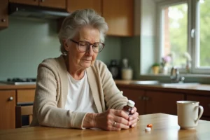Femme âgée lisant attentivement l'étiquette d'un complément vitaminique Azinc à la cuisine