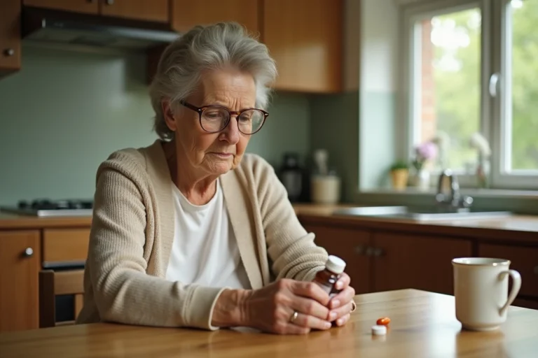 Femme âgée lisant attentivement l'étiquette d'un complément vitaminique Azinc à la cuisine