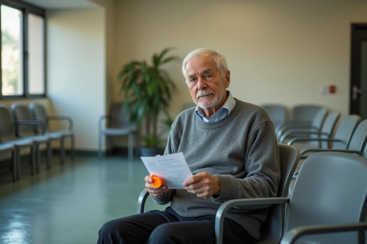 Homme senior tenant un pilulier et une ordonnance dans une salle d'attente médicale