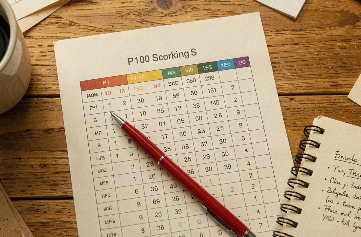 Vue aérienne d'un tableau des points P100 imprimé posé sur un bureau avec un stylo rouge et des annotations manuscrites