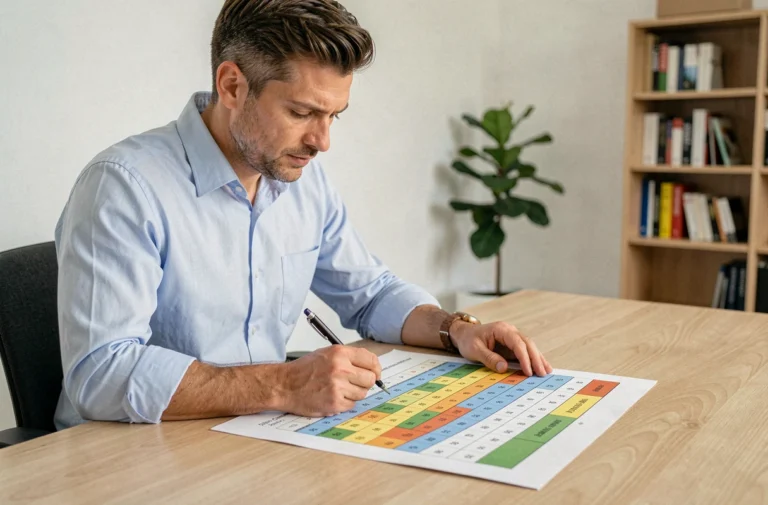 Professionnel consultant un tableau des points P100 imprimé sur un bureau en bois dans un bureau moderne