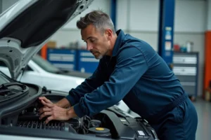 Technicien automobile inspectant le moteur d'une Peugeot 2008 blanche dans un garage professionnel