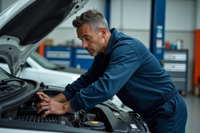 Technicien automobile inspectant le moteur d'une Peugeot 2008 blanche dans un garage professionnel