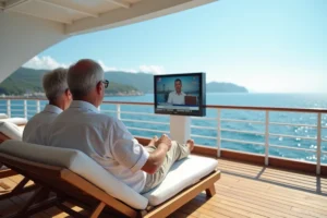 Couple regardant la télévision sur le pont d'un bateau de croisière avec vue sur la mer