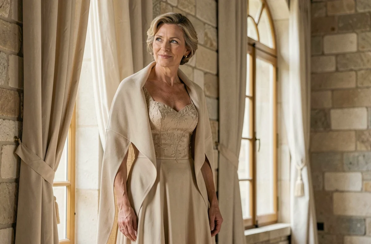 Mère du marié en robe longue champagne brodée avec châle élégant près d'une fenêtre de château en pierre