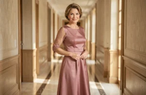 Mère du marié élégante en robe midi en soie rose poudré avec dentelle dans un couloir d'hôtel en marbre