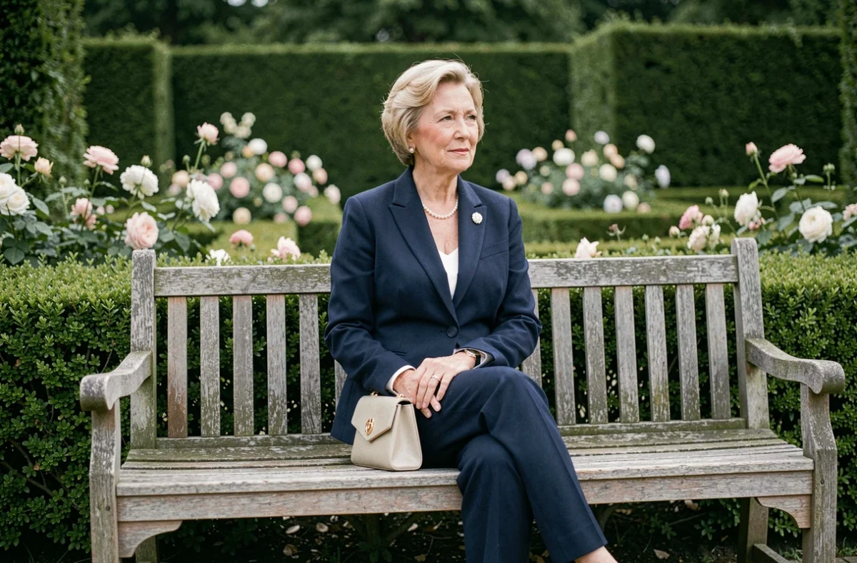 Mère du marié chic en tailleur pantalon bleu marine avec broche perle assise dans un jardin de mariage