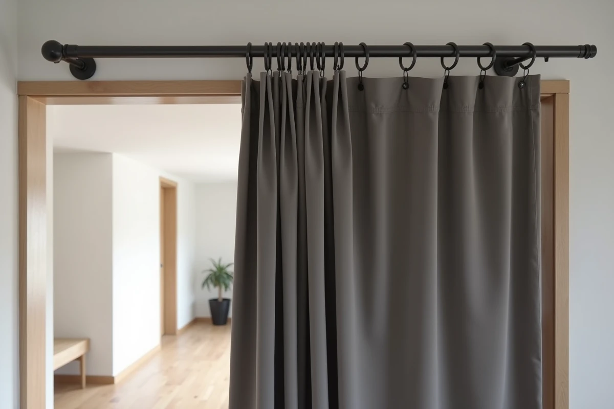 Gros plan sur la tringle et les anneaux fixés au-dessus d'un encadrement de porte pour suspendre un rideau en remplacement de la porte d'entrée