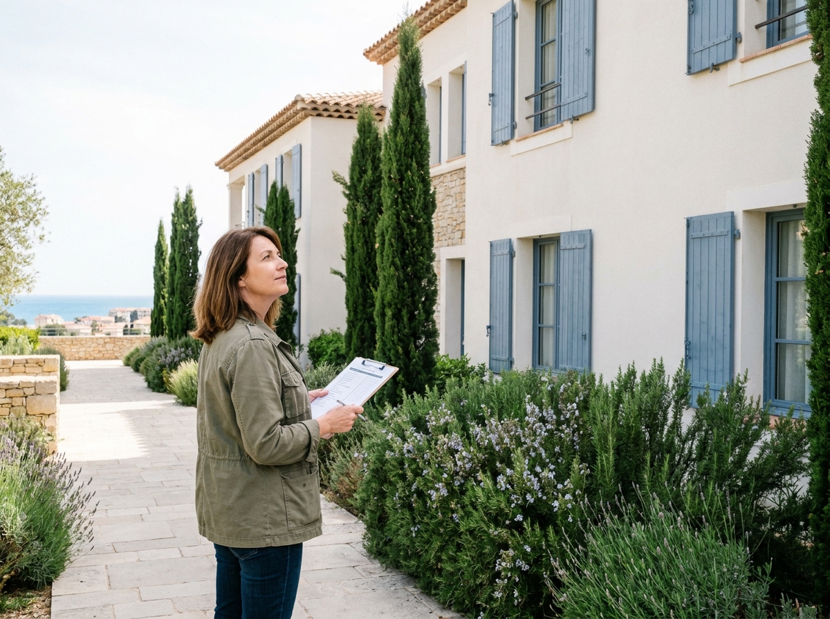 Femme visitant l'entrée d'une maison de retraite à Cagnes-sur-Mer avec une liste de critères à évaluer